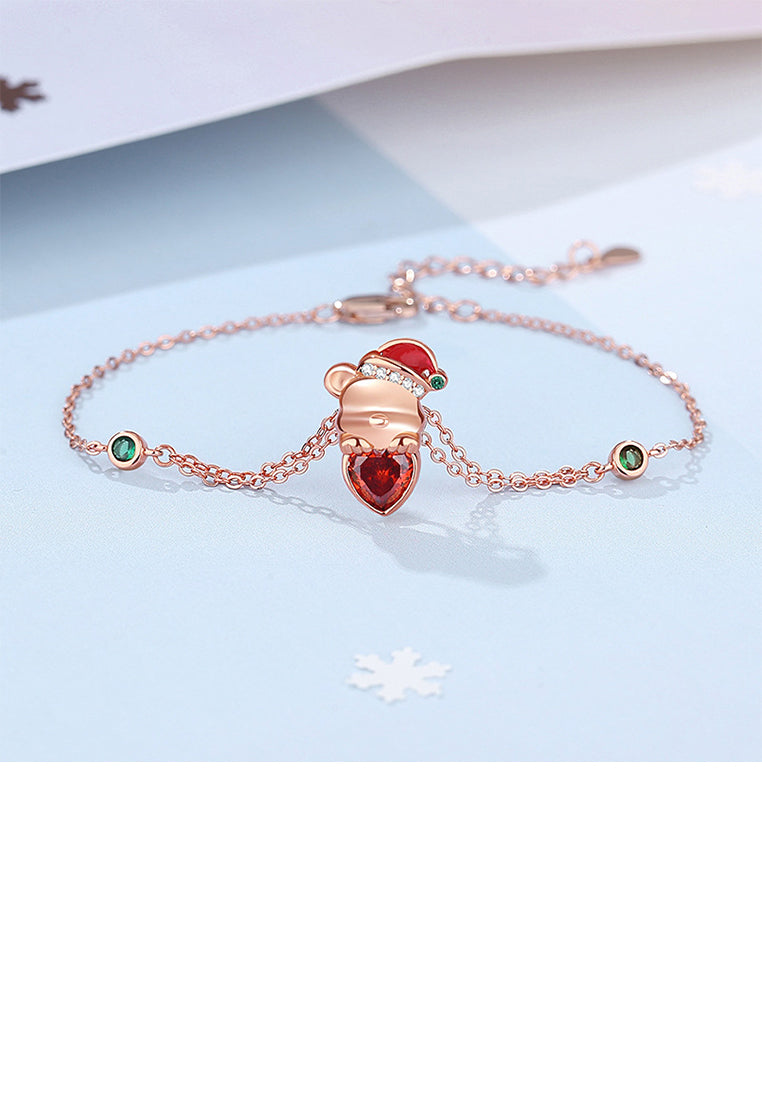 925 Sterling Silver Plated Rose Gold Simple Cute Christmas Bear Bracelet with Cubic Zirconia - Luxurious Look