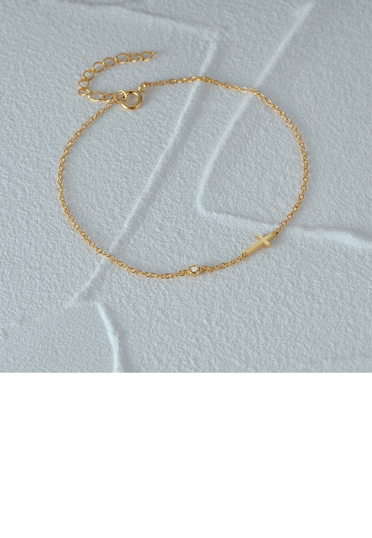 925 Sterling Silver Plated Gold Simple Fashion Cross Bracelet with Cubic Zirconia - Luxurious Look