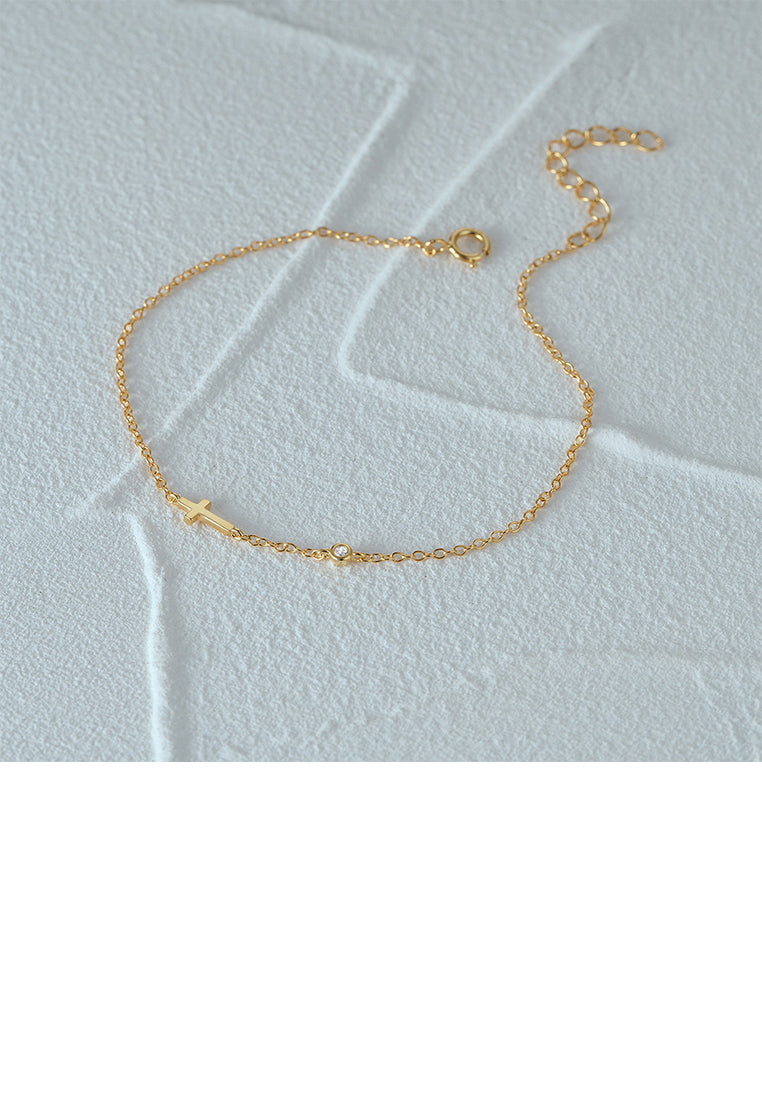 925 Sterling Silver Plated Gold Simple Fashion Cross Bracelet with Cubic Zirconia - Luxurious Look