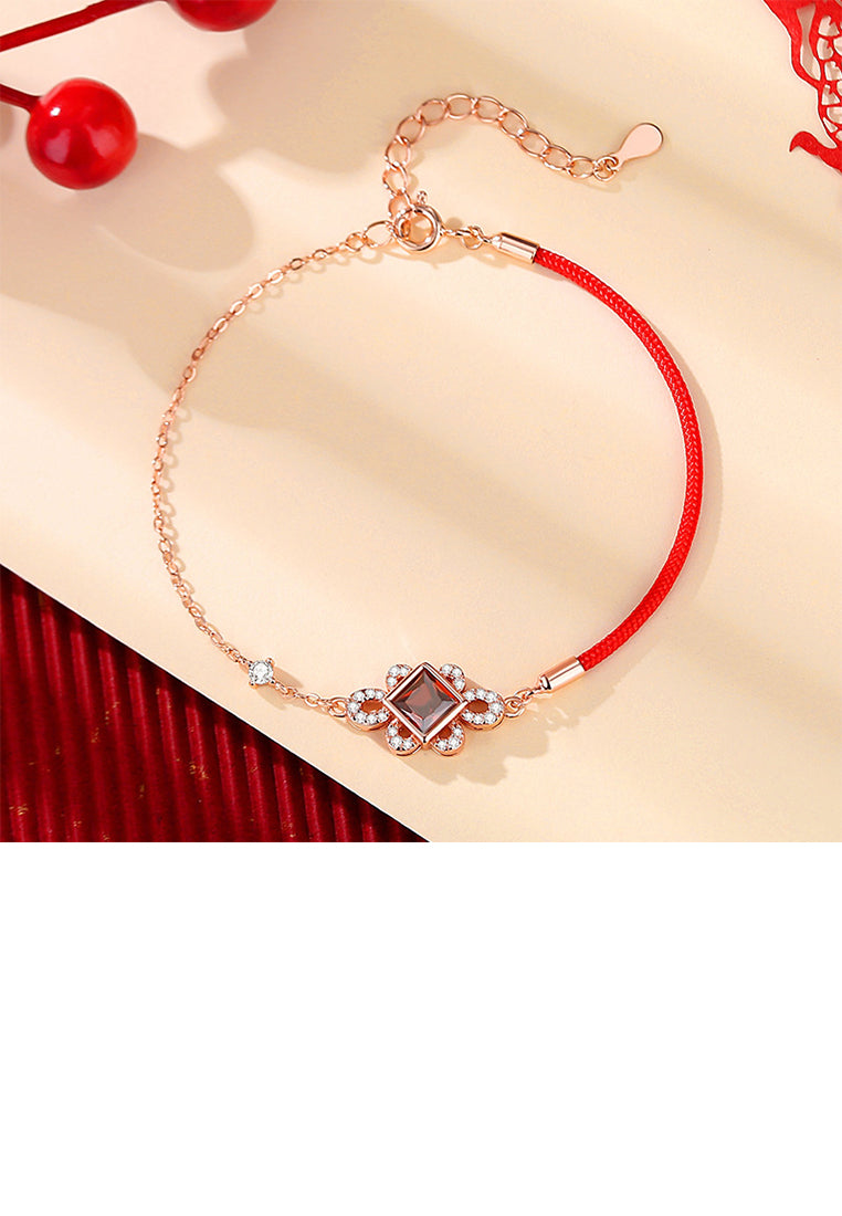 925 Sterling Silver Plated Rose Gold Simple Vintage Chinese Knot Bracelet with Cubic Zirconia - Luxurious Look