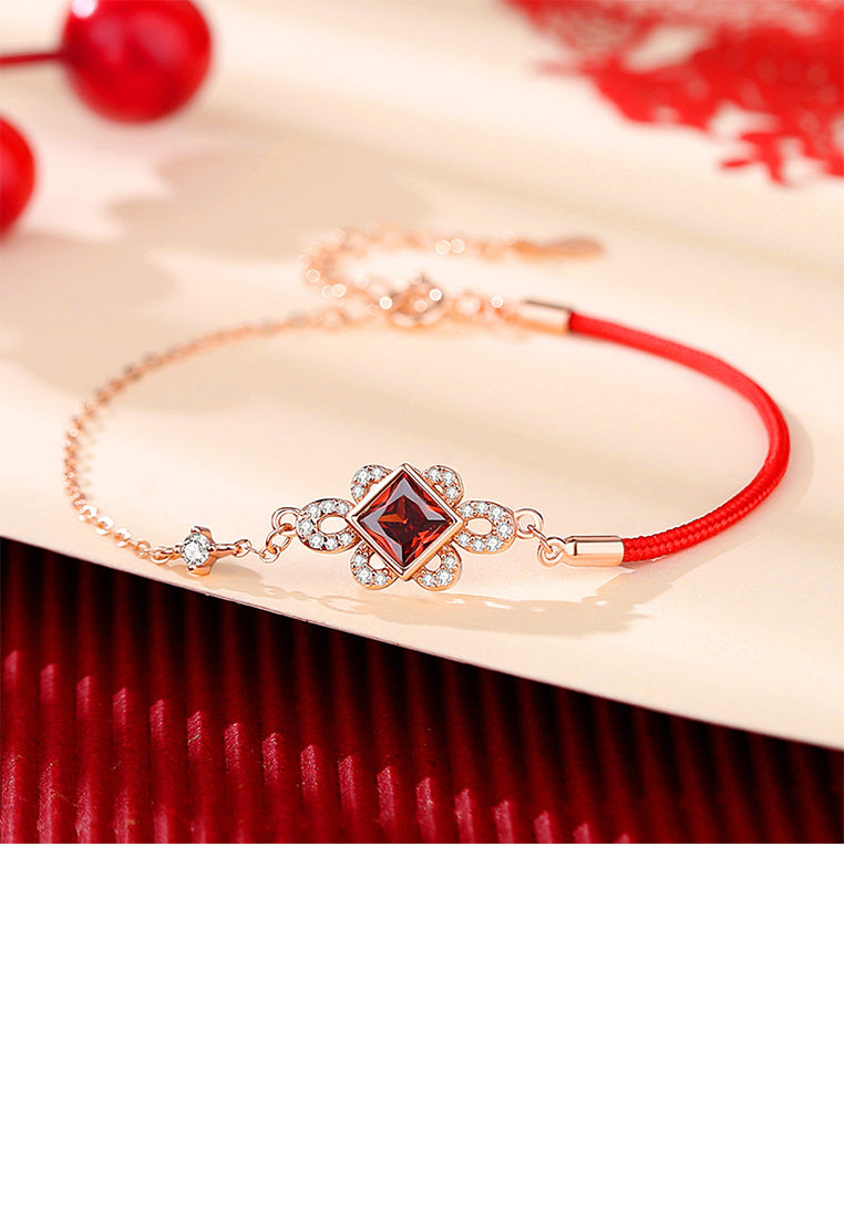 925 Sterling Silver Plated Rose Gold Simple Vintage Chinese Knot Bracelet with Cubic Zirconia - Luxurious Look