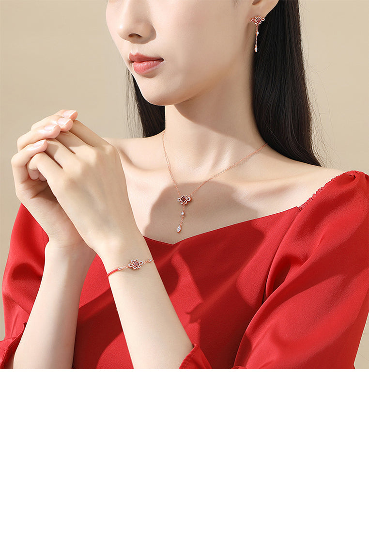 925 Sterling Silver Plated Rose Gold Simple Vintage Chinese Knot Bracelet with Cubic Zirconia - Luxurious Look