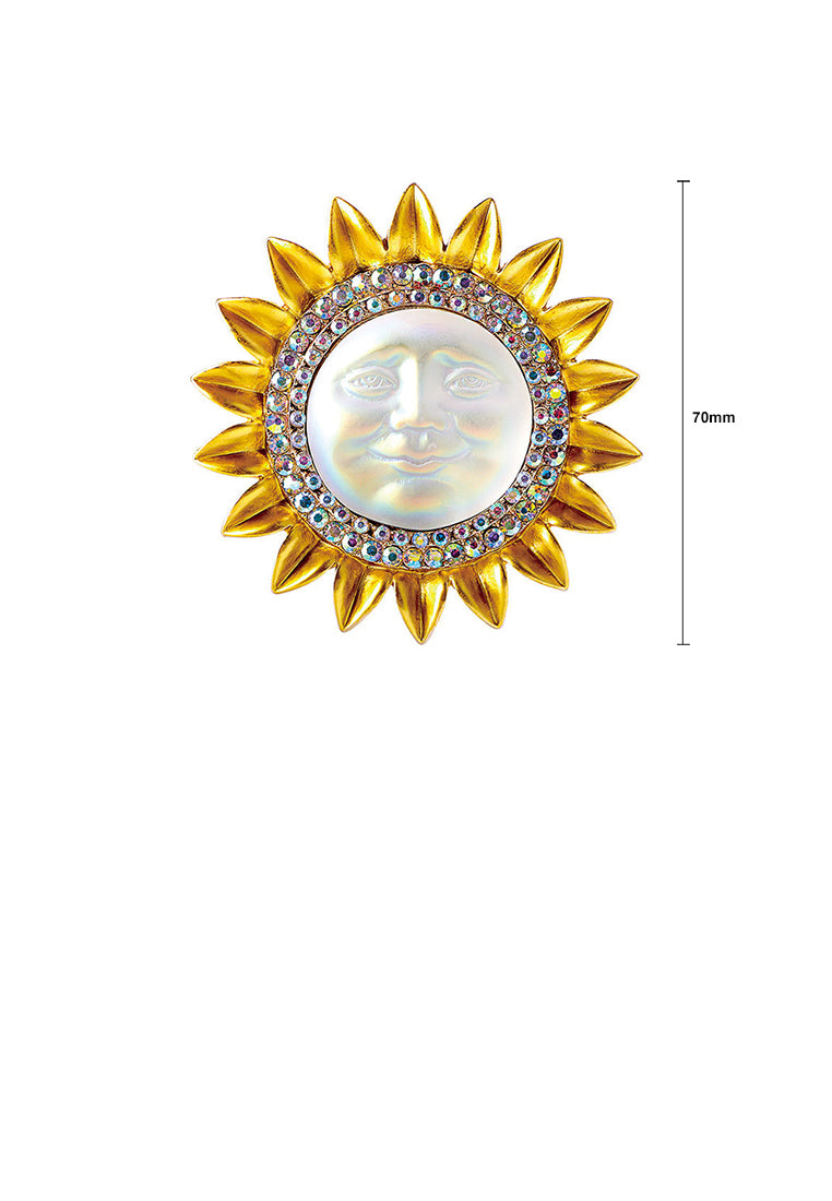 Fashion Vintage Plated Gold Smiley Son Brooch with Cubic Zirconia - Luxurious Look