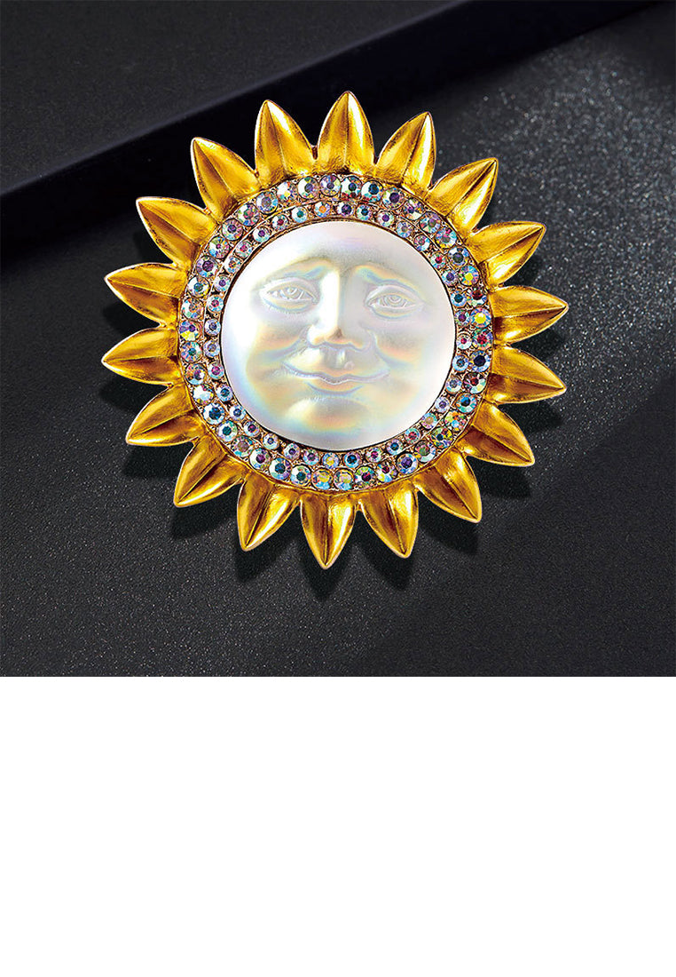 Fashion Vintage Plated Gold Smiley Son Brooch with Cubic Zirconia - Luxurious Look