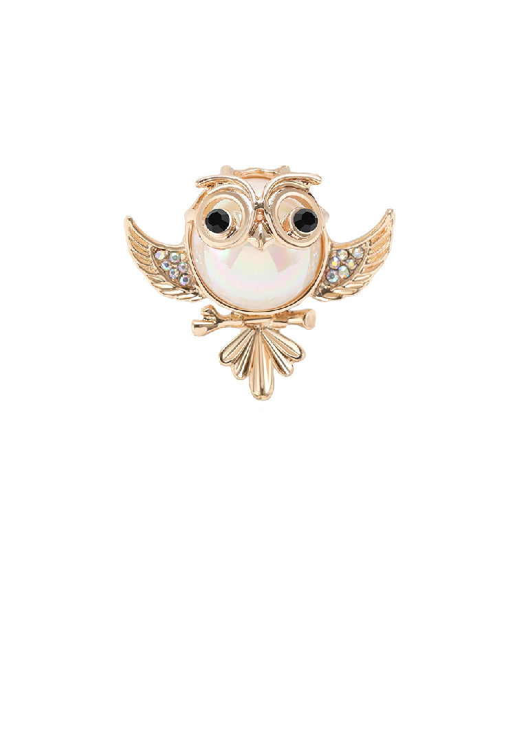 Simple and Lovely Plated Gold Owl Imitation Pearl Brooch with Cubic Zirconia - Luxurious Look