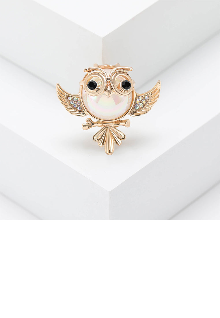 Simple and Lovely Plated Gold Owl Imitation Pearl Brooch with Cubic Zirconia - Luxurious Look