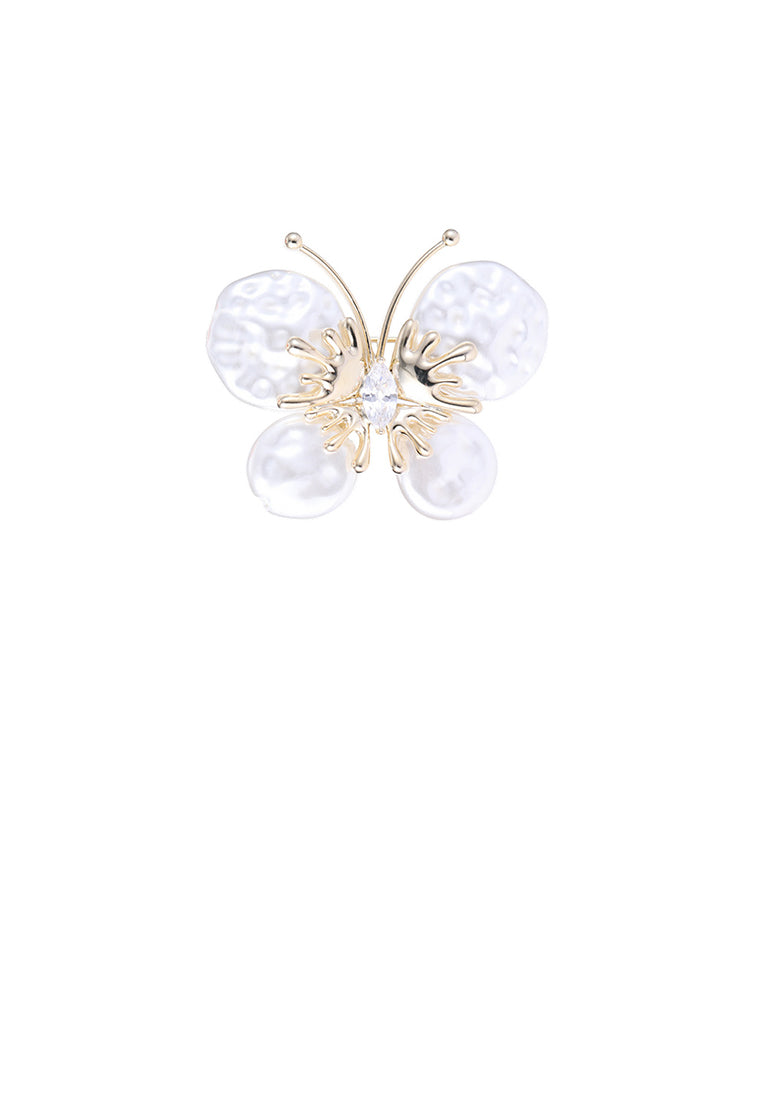 Simple and Fashion Plated Gold Butterfly Irregular Imitation Pearl Brooch with Cubic Zirconia - Luxurious Look