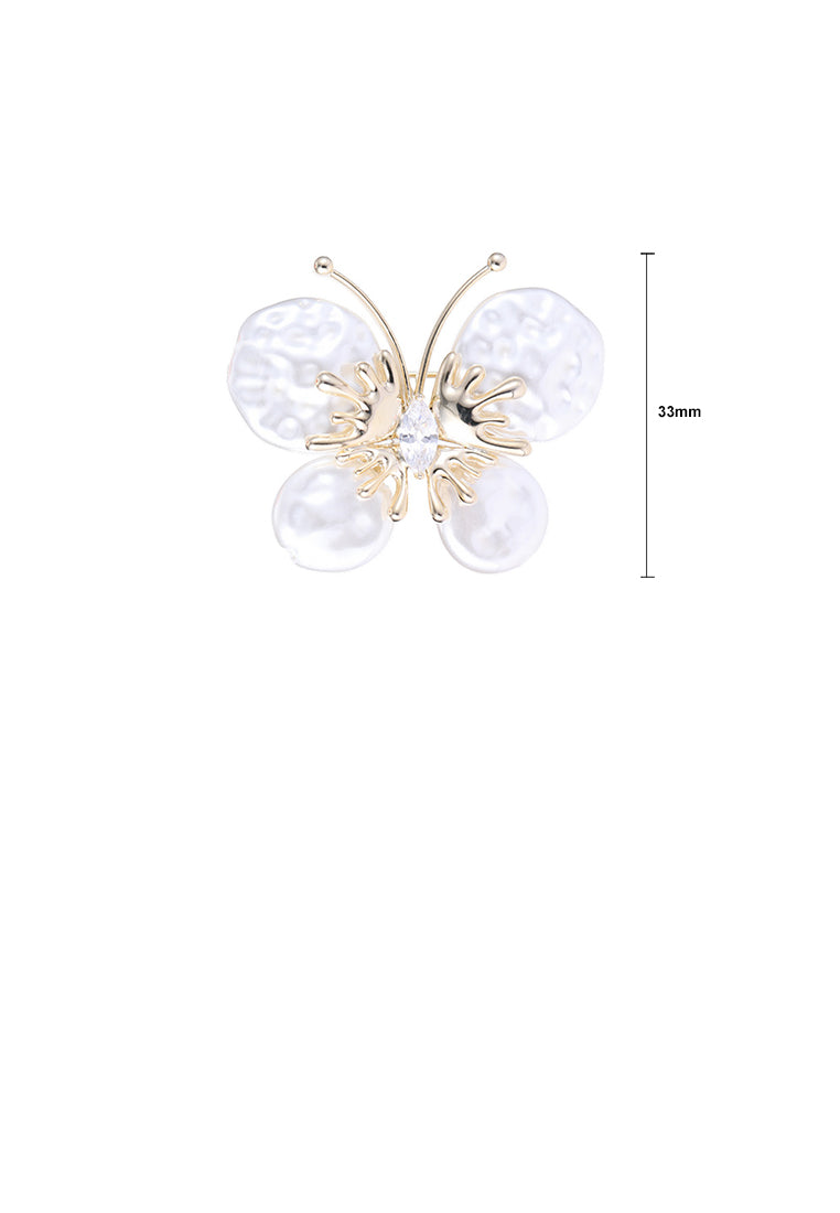 Simple and Fashion Plated Gold Butterfly Irregular Imitation Pearl Brooch with Cubic Zirconia - Luxurious Look