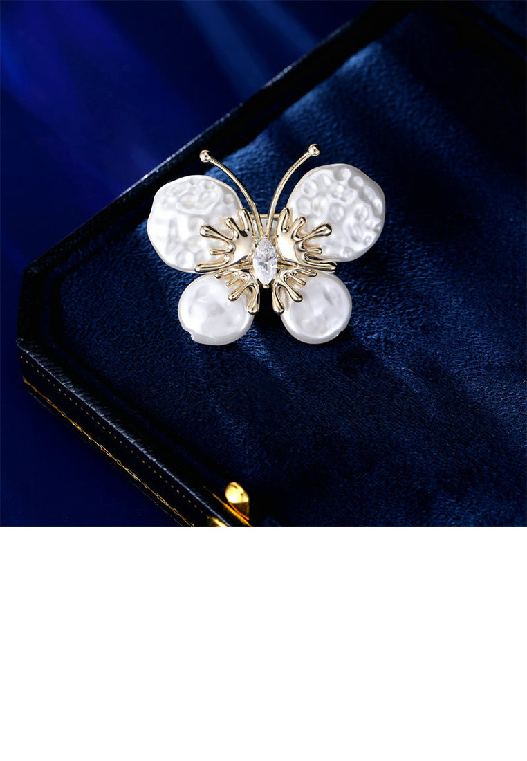 Simple and Fashion Plated Gold Butterfly Irregular Imitation Pearl Brooch with Cubic Zirconia - Luxurious Look
