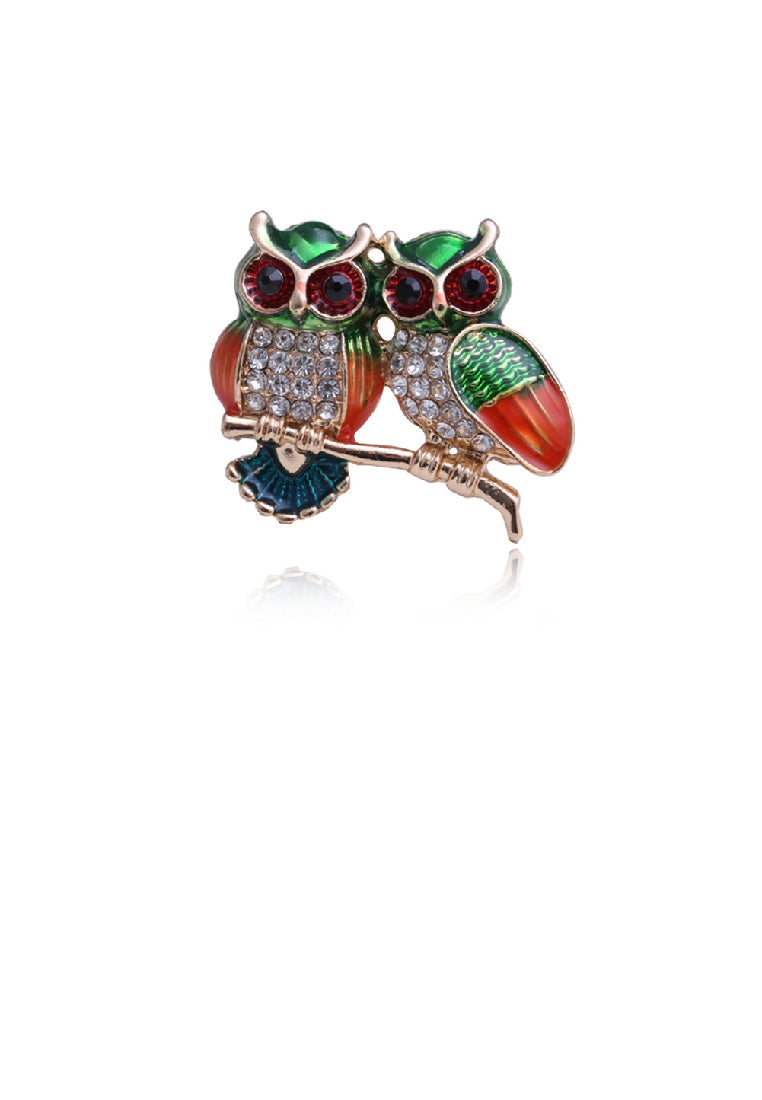 Fashion Cute Plated Gold Enamel Colorful Owl Brooch with Cubic Zirconia - Luxurious Look