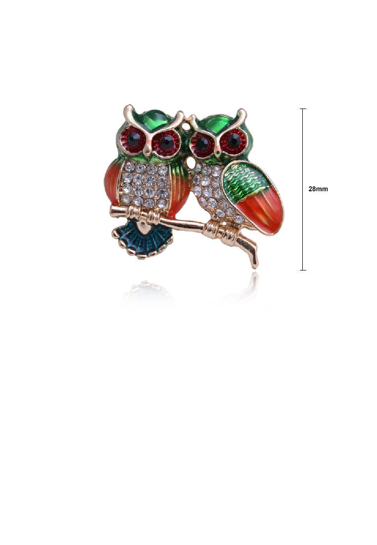 Fashion Cute Plated Gold Enamel Colorful Owl Brooch with Cubic Zirconia - Luxurious Look