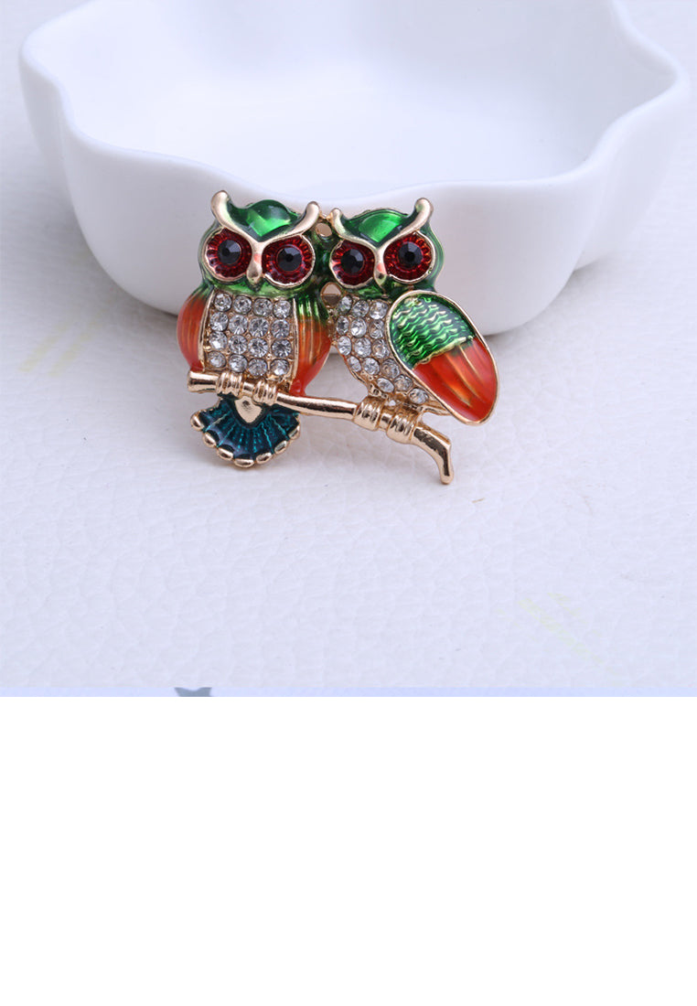 Fashion Cute Plated Gold Enamel Colorful Owl Brooch with Cubic Zirconia - Luxurious Look