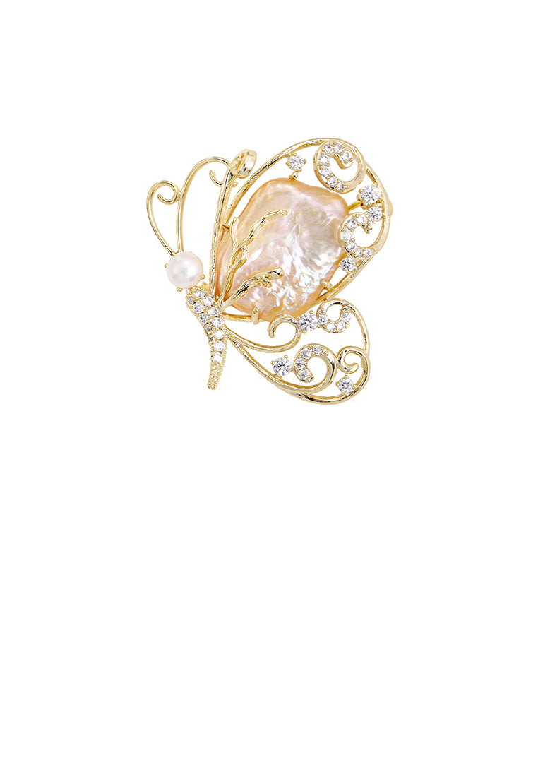 Fashion and Elegant Plated Gold Butterfly Irregular Imitation Pearl Brooch with Cubic Zirconia - Luxurious Look