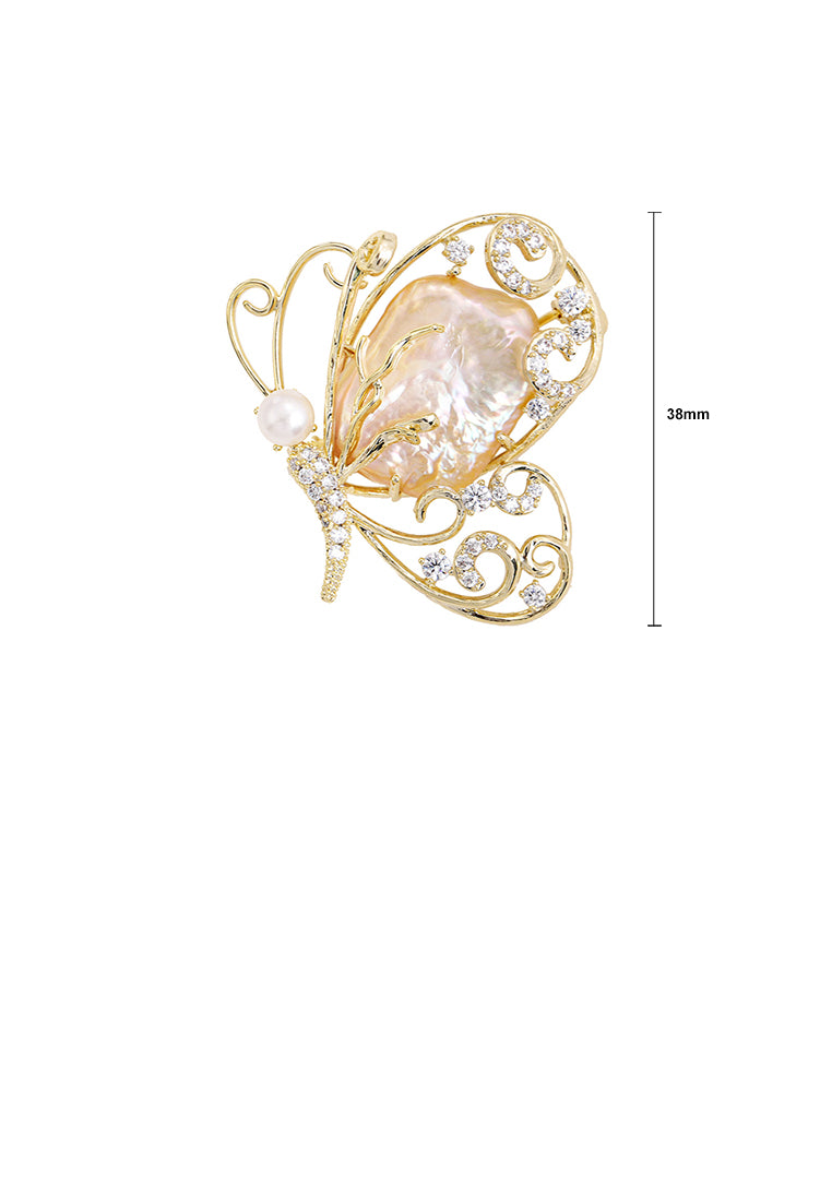 Fashion and Elegant Plated Gold Butterfly Irregular Imitation Pearl Brooch with Cubic Zirconia - Luxurious Look