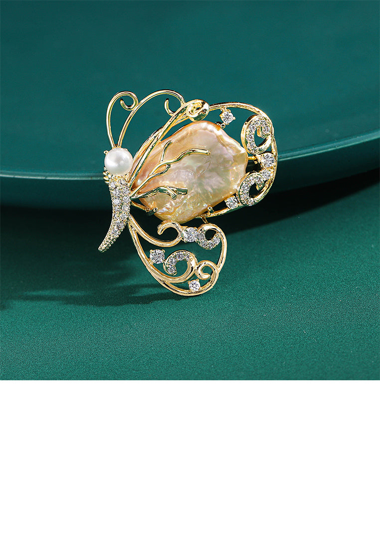 Fashion and Elegant Plated Gold Butterfly Irregular Imitation Pearl Brooch with Cubic Zirconia - Luxurious Look