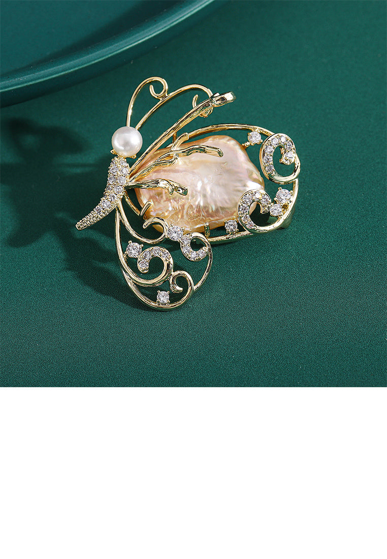 Fashion and Elegant Plated Gold Butterfly Irregular Imitation Pearl Brooch with Cubic Zirconia - Luxurious Look