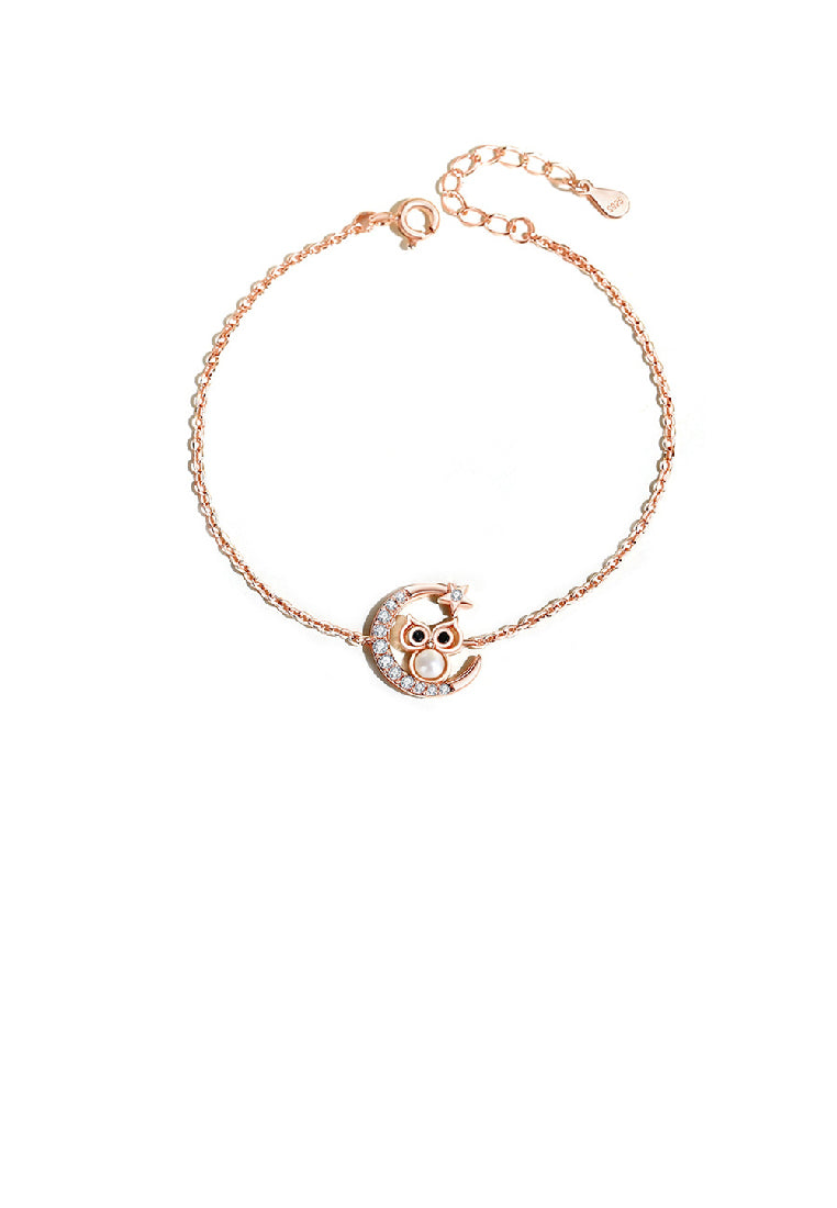 925 Sterling Silver Plated Rose Gold Fashion Temperament Moon Owl Imitation Pearl Bracelet with Cubic Zirconia - Luxurious Look