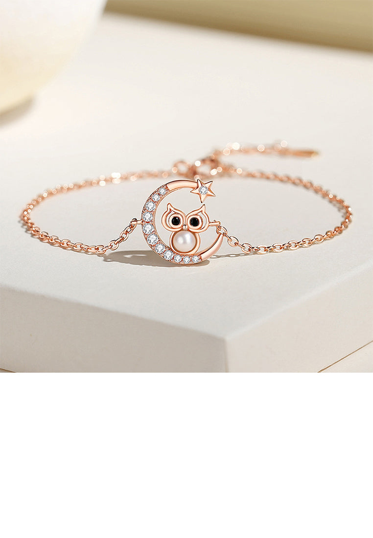 925 Sterling Silver Plated Rose Gold Fashion Temperament Moon Owl Imitation Pearl Bracelet with Cubic Zirconia - Luxurious Look
