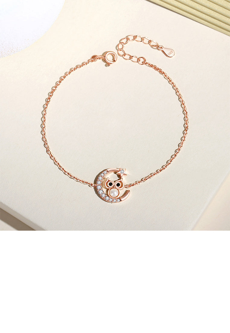 925 Sterling Silver Plated Rose Gold Fashion Temperament Moon Owl Imitation Pearl Bracelet with Cubic Zirconia - Luxurious Look