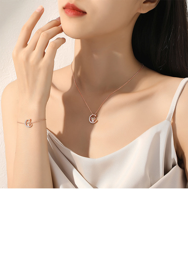 925 Sterling Silver Plated Rose Gold Fashion Temperament Moon Owl Imitation Pearl Bracelet with Cubic Zirconia - Luxurious Look