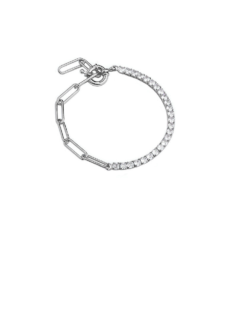 925 Sterling Silver Simple Bright Geometric Square Cubic Zirconia Splicing Chain Bracelet - Luxurious Look