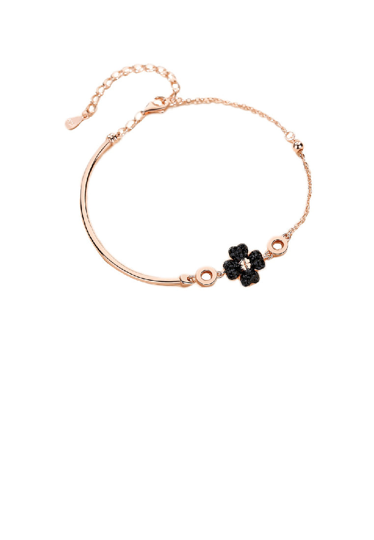 925 Sterling Silver Plated Rose Gold Fashion Brilliant Four-leafed Clover Black Cubic Zirconia Geometric Bracelet - Luxurious Look