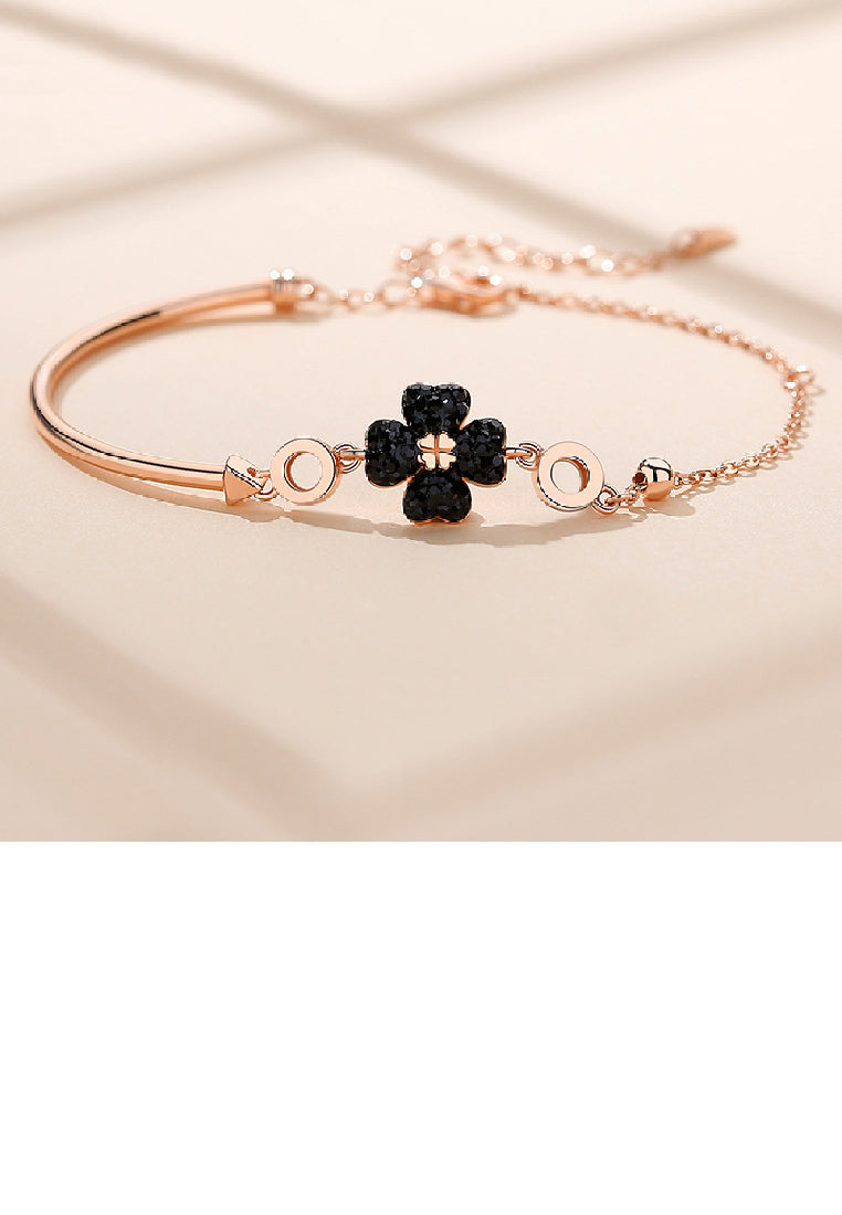 925 Sterling Silver Plated Rose Gold Fashion Brilliant Four-leafed Clover Black Cubic Zirconia Geometric Bracelet - Luxurious Look
