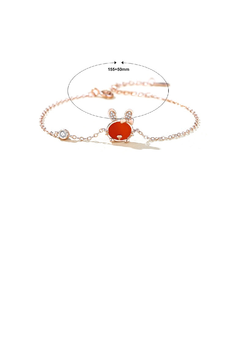 925 Sterling Silver Plated Rose Gold Simple Sweet Rabbit Red Imitation Agate Bracelet with Cubic Zirconia - Luxurious Look - Vibrant Color