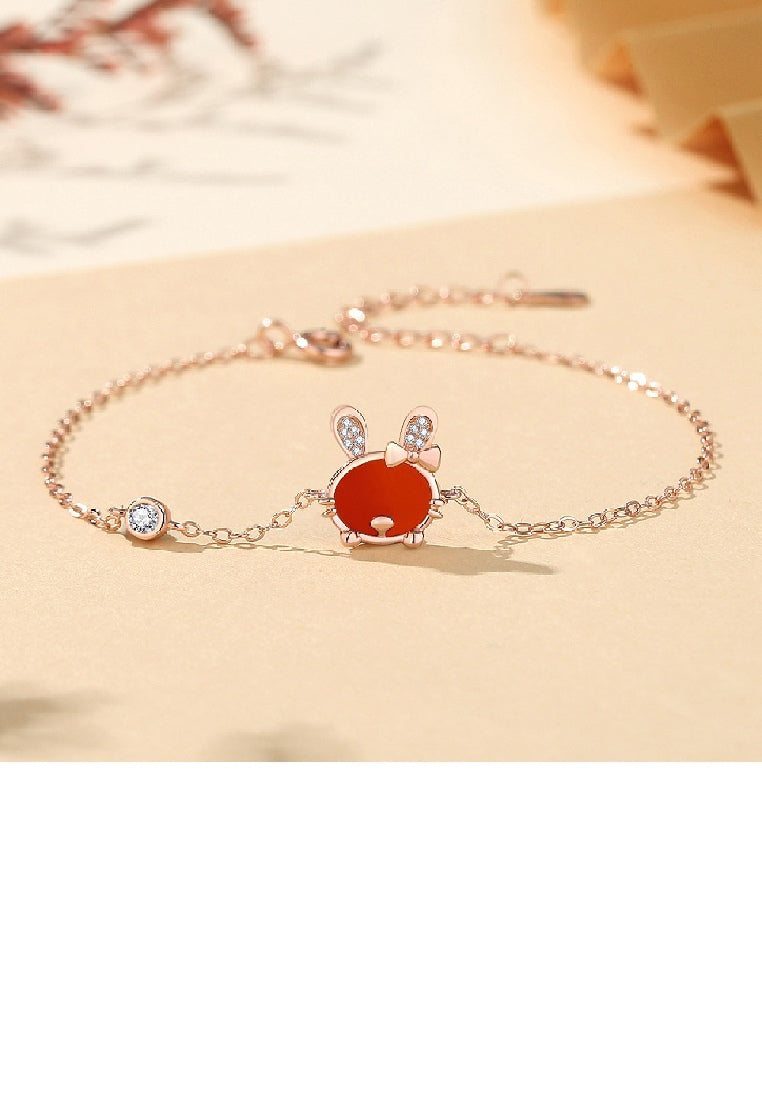 925 Sterling Silver Plated Rose Gold Simple Sweet Rabbit Red Imitation Agate Bracelet with Cubic Zirconia - Luxurious Look - Vibrant Color