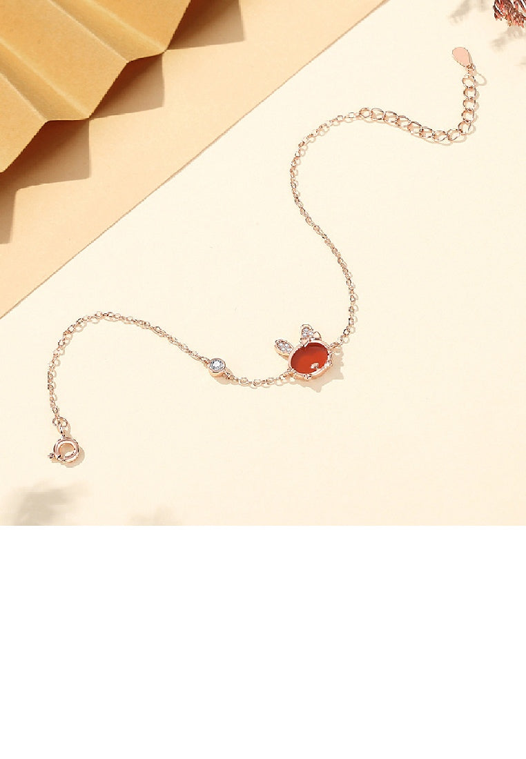 925 Sterling Silver Plated Rose Gold Simple Sweet Rabbit Red Imitation Agate Bracelet with Cubic Zirconia - Luxurious Look - Vibrant Color