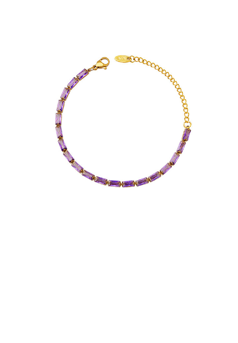 Simple Bright Plated Gold 316L Stainless Steel Geometric Square Purple Cubic Zirconia Bracelet - Luxurious Look