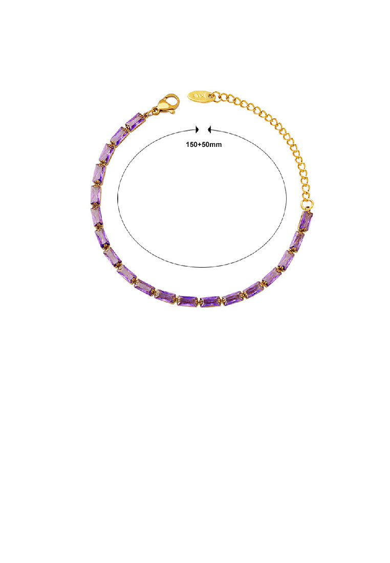 Simple Bright Plated Gold 316L Stainless Steel Geometric Square Purple Cubic Zirconia Bracelet - Luxurious Look