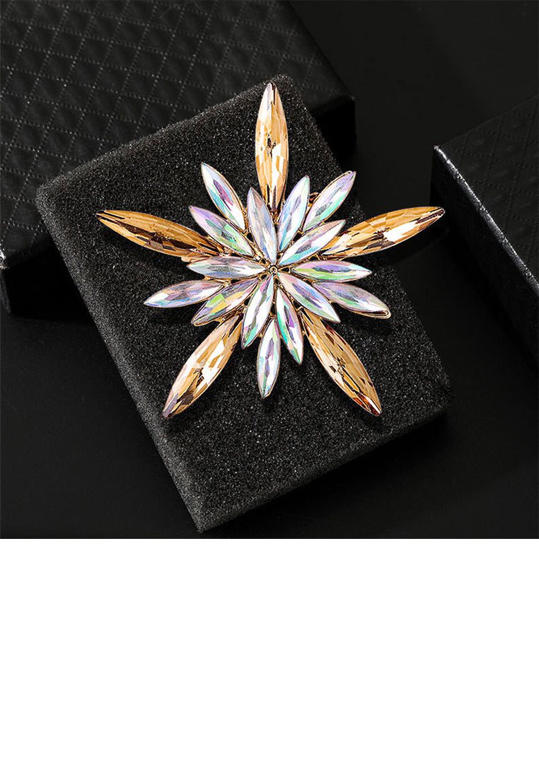 Fashion Brilliant Plated Gold Snowflake Brooch with Gold Cubic Zirconia - Luxurious Look