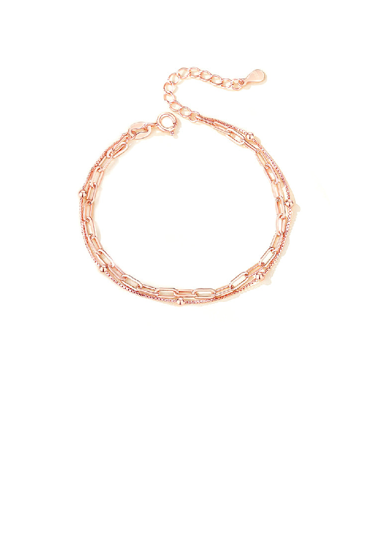 925 Sterling Silver Plated Rose Gold Fashion Simple Bead Stitching Chain Double Layer Bracelet