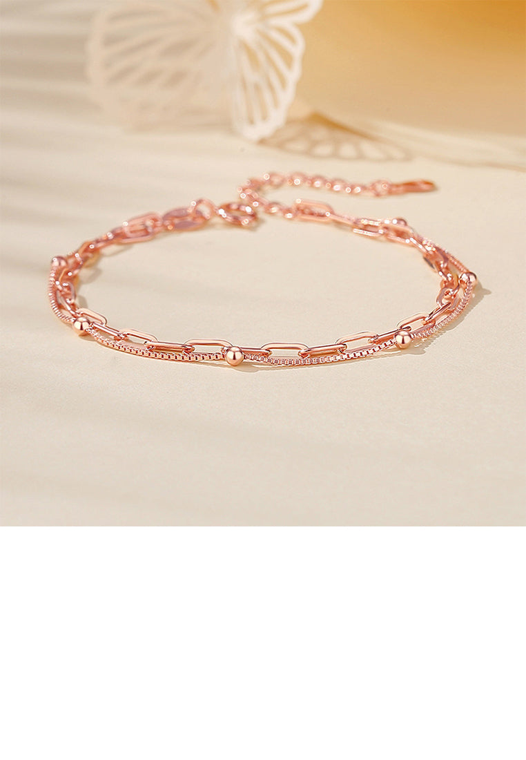 925 Sterling Silver Plated Rose Gold Fashion Simple Bead Stitching Chain Double Layer Bracelet