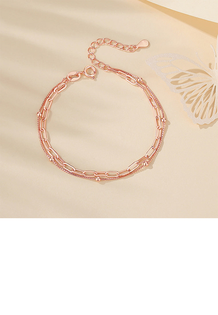 925 Sterling Silver Plated Rose Gold Fashion Simple Bead Stitching Chain Double Layer Bracelet