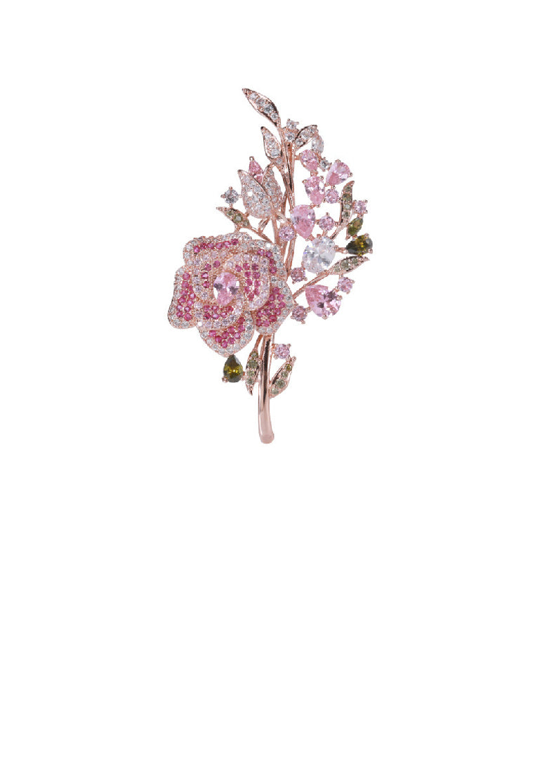 Brilliant Fashion Plated Rose Gold Rose Brooch with Pink Cubic Zirconia - Luxurious Look - Vibrant Color