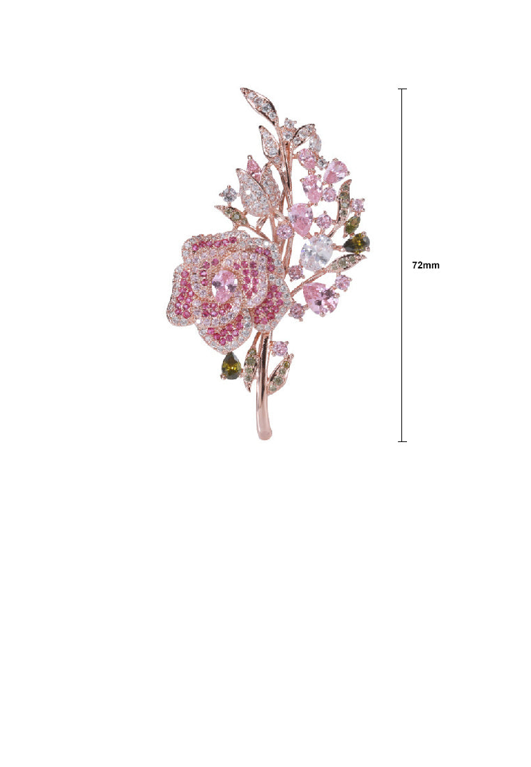 Brilliant Fashion Plated Rose Gold Rose Brooch with Pink Cubic Zirconia - Luxurious Look - Vibrant Color