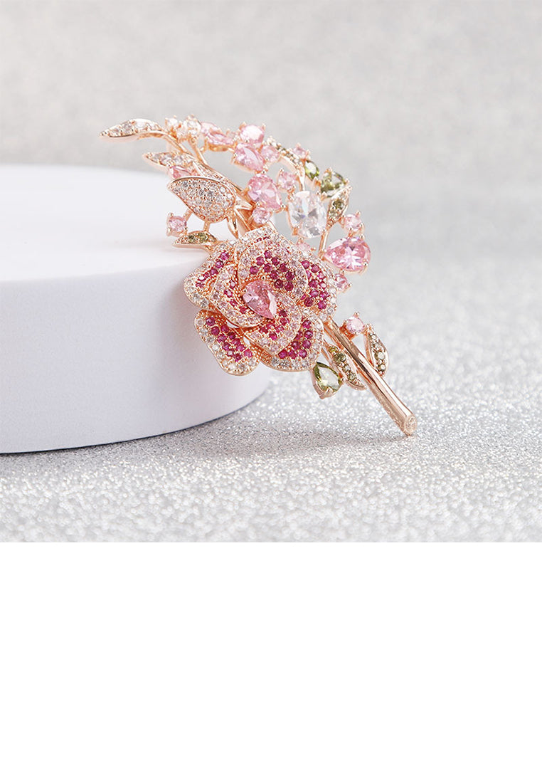 Brilliant Fashion Plated Rose Gold Rose Brooch with Pink Cubic Zirconia - Luxurious Look - Vibrant Color