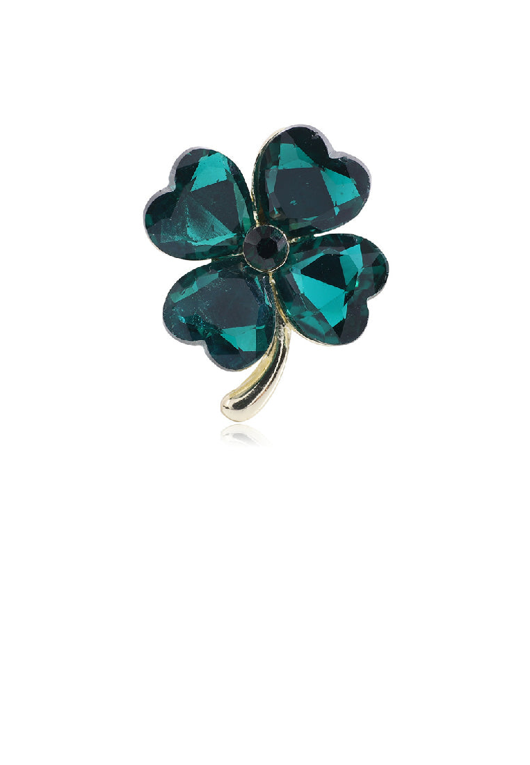 Fashion and Elegant Plated Gold Four-leafed Clover Brooch with Green Cubic Zirconia - Luxurious Look
