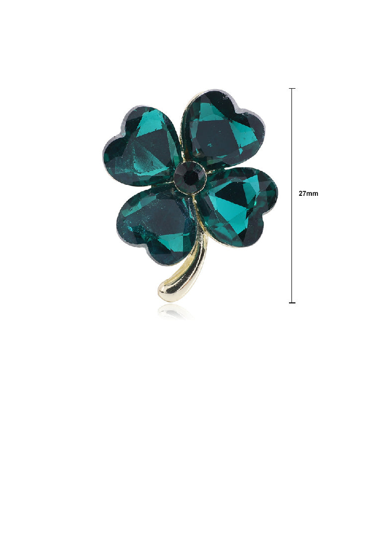Fashion and Elegant Plated Gold Four-leafed Clover Brooch with Green Cubic Zirconia - Luxurious Look