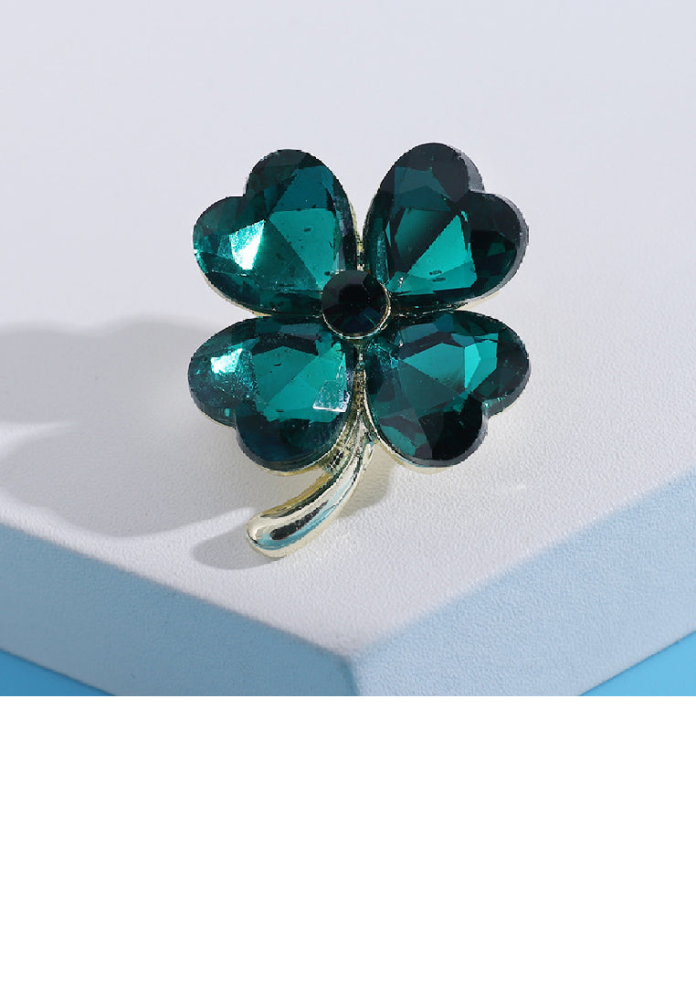 Fashion and Elegant Plated Gold Four-leafed Clover Brooch with Green Cubic Zirconia - Luxurious Look