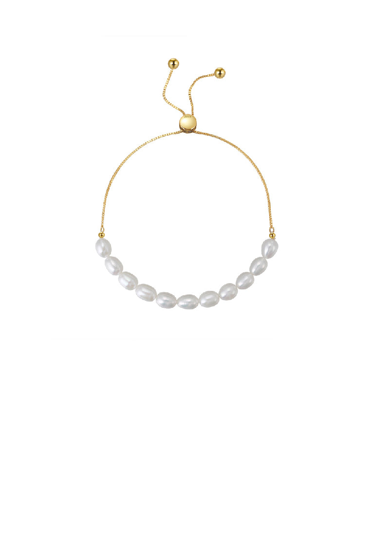 925 Sterling Silver Plated Gold Freshwater Pearl Beaded Adjustable Bracelet - Luxurious Look