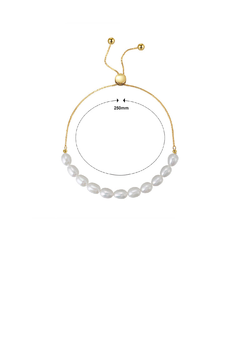 925 Sterling Silver Plated Gold Freshwater Pearl Beaded Adjustable Bracelet - Luxurious Look