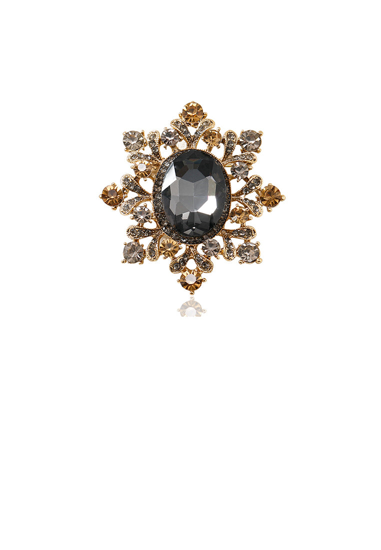 Fashion Vintage Plated Gold Palace Style Flower Brooch with Grey Cubic Zirconia - Luxurious Look