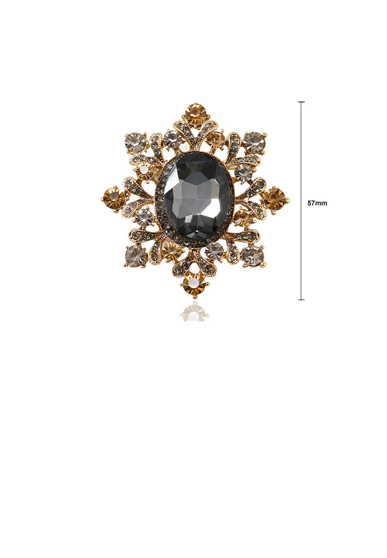 Fashion Vintage Plated Gold Palace Style Flower Brooch with Grey Cubic Zirconia - Luxurious Look