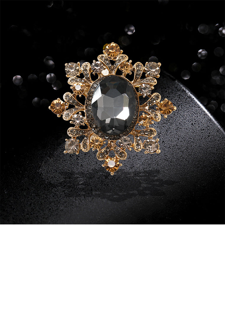 Fashion Vintage Plated Gold Palace Style Flower Brooch with Grey Cubic Zirconia - Luxurious Look