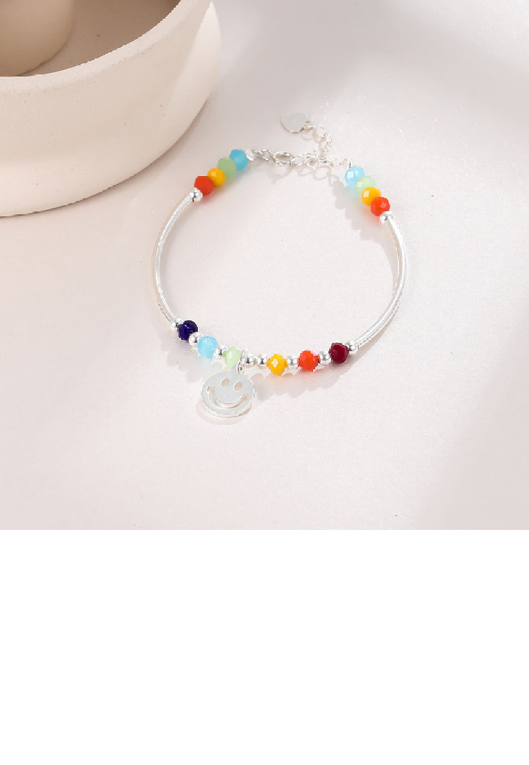 925 Sterling Silver Fashion Temperament Smiley Round Colorful Beanie Beaded Bracelet