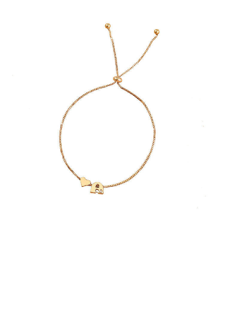 Simple Fashion Plated Gold Heart Alphabet A Adjustable Bracelet with Cubic Zirconia - Luxurious Look