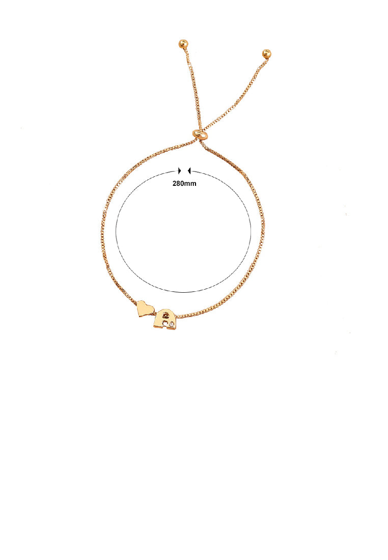 Simple Fashion Plated Gold Heart Alphabet A Adjustable Bracelet with Cubic Zirconia - Luxurious Look